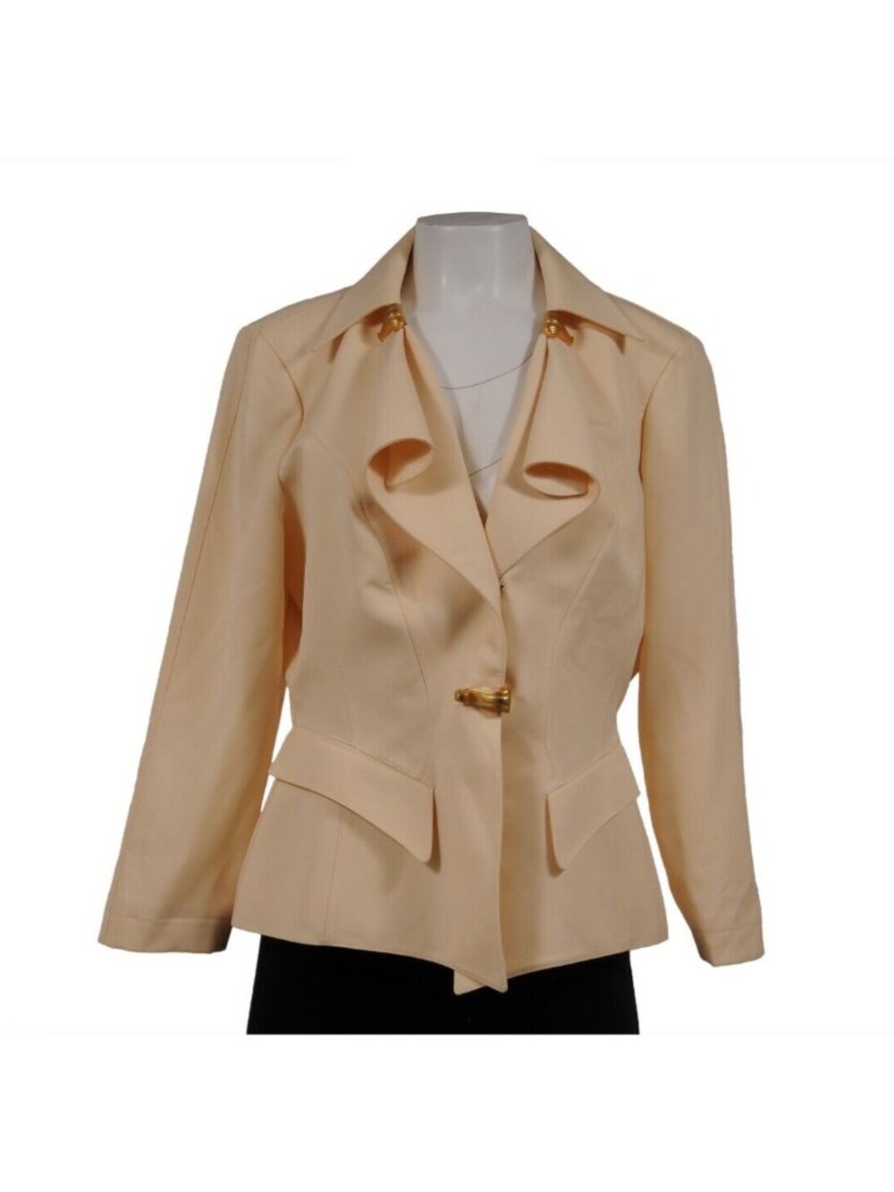 Thierry Mugler Women Vintage Blazer IT 44 Cream Ruffled Wool Gold Hardware Y2k